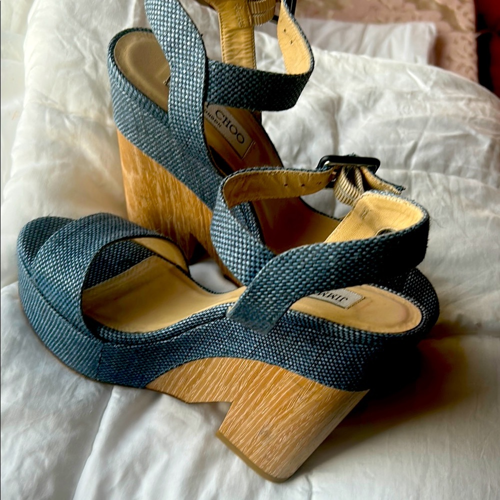 Jimmy Choo Blue denim and Brown Wedge Shoes